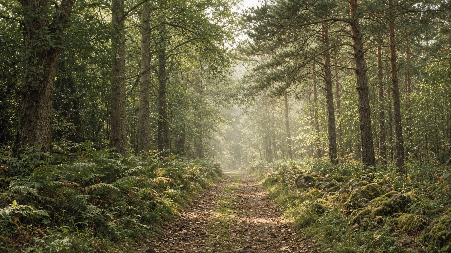 A quiet woodland path in late summer light