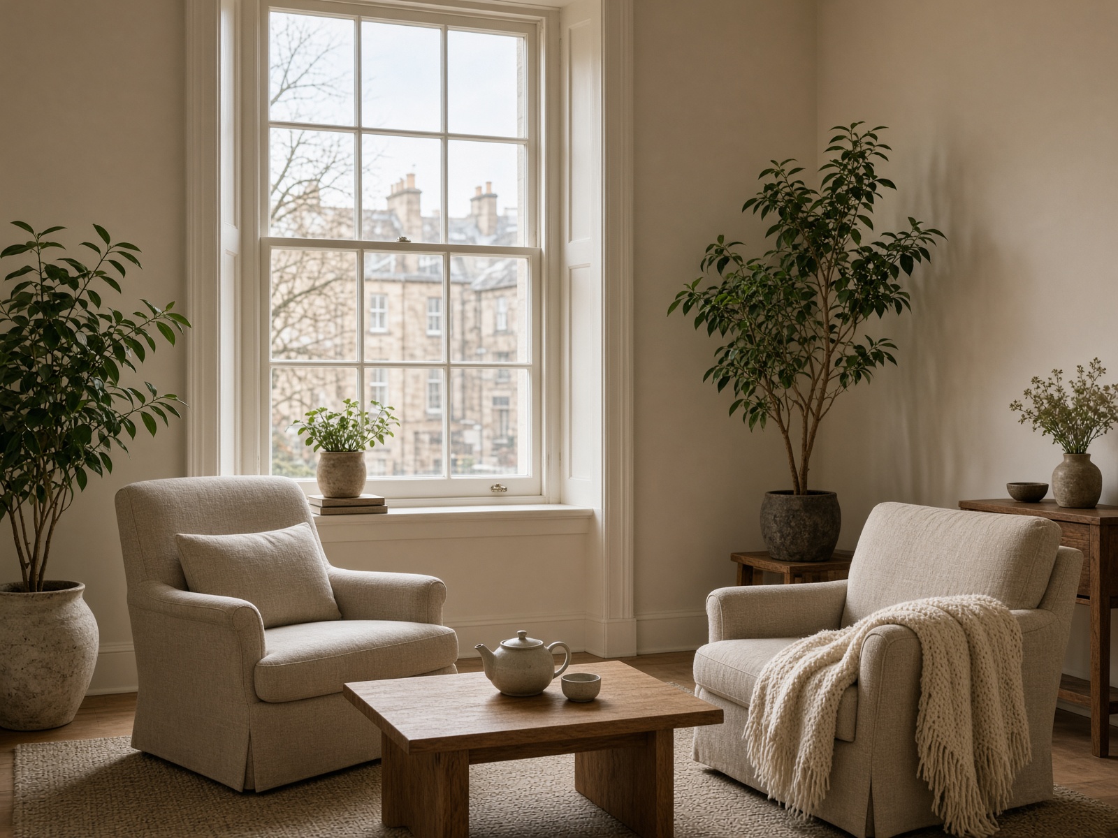 Two linen armchairs in a sunlit consulting room