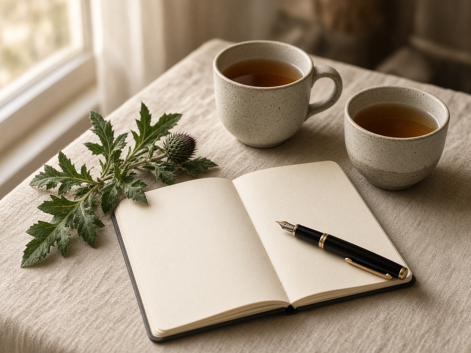 Notebook, tea and thistle leaves on a linen table